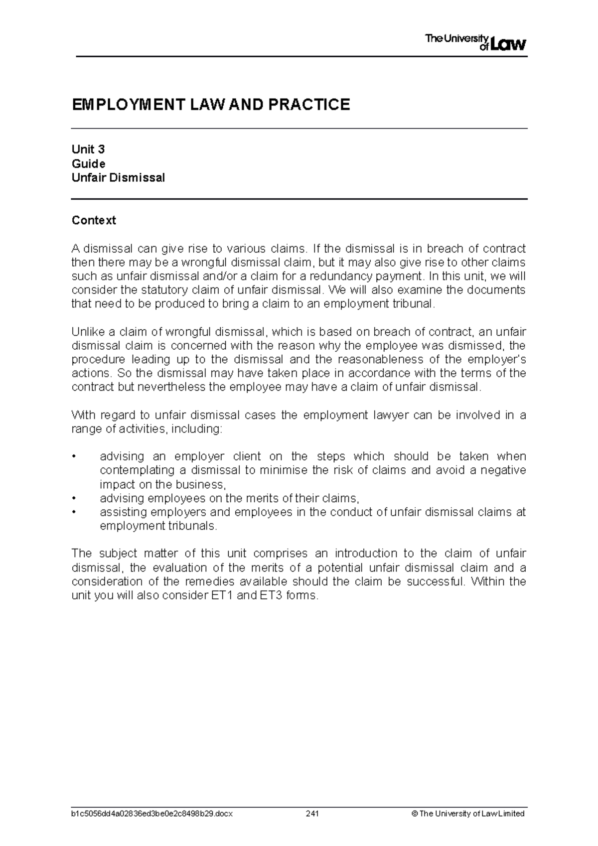 Workshop Unfair Dismissal - EMPLOYMENT LAW AND PRACTICE Unit 3 Guide ...