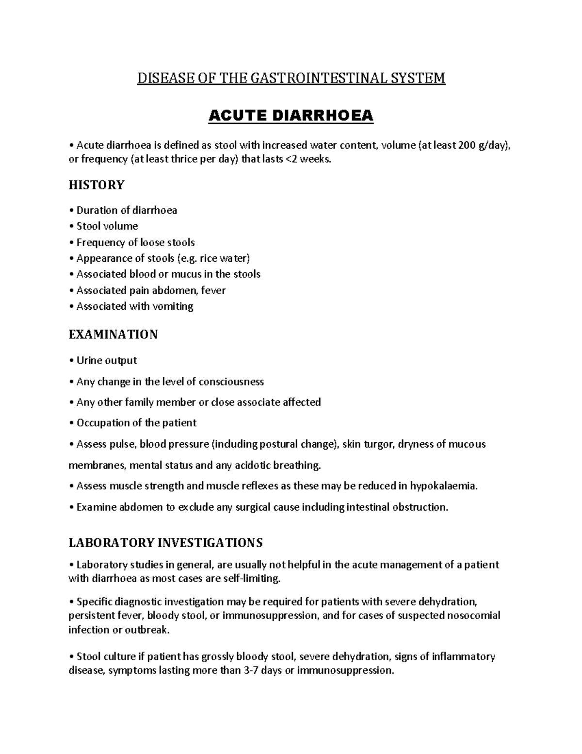 Acute Diarrhoea - Lecture notes 1 - DISEASE OF THE GASTROINTESTINAL ...