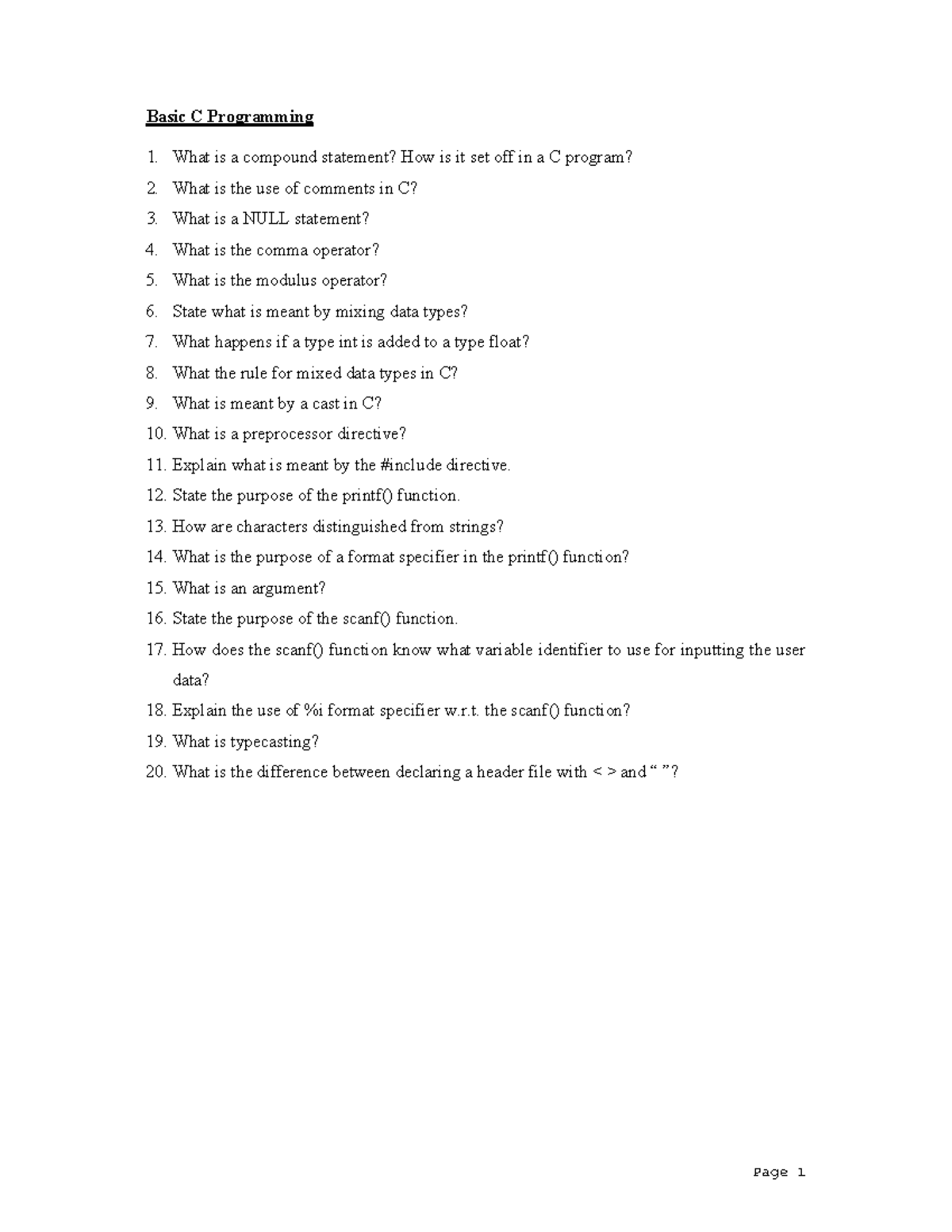 1 - Basic C - Questions - Page 1 Basic C Programming What is a compound ...