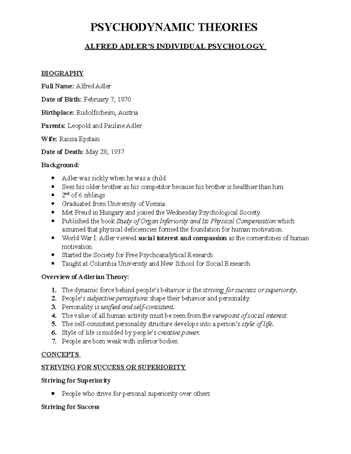 Adler - PSYCHODYNAMIC THEORIES ALFRED ADLER’S INDIVIDUAL PSYCHOLOGY ...