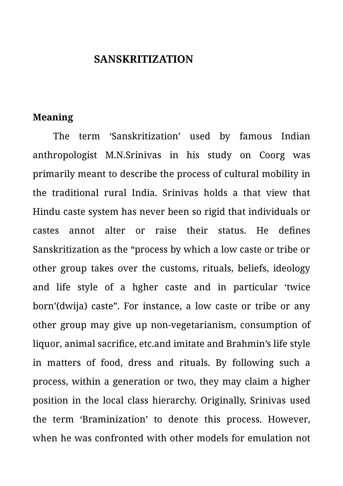 write a critical essay on sanskritization