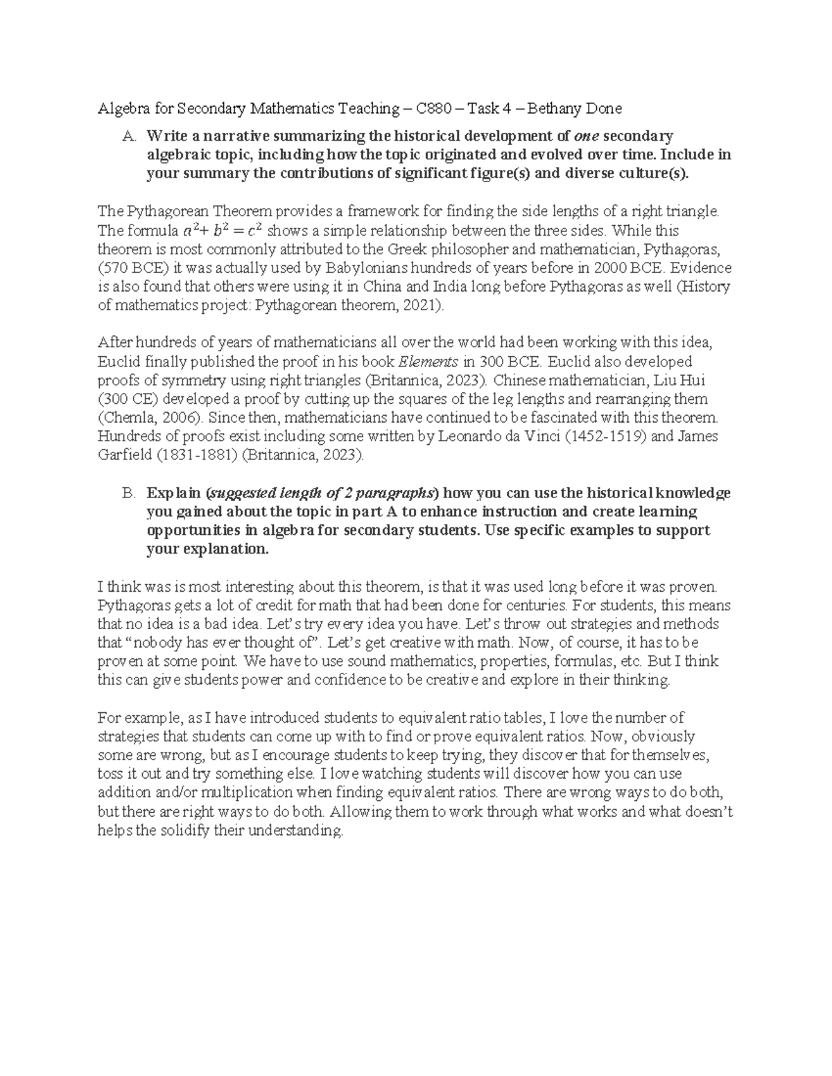 Algebra for Secondary Mathematics Teaching Task 4 - Write a narrative ...