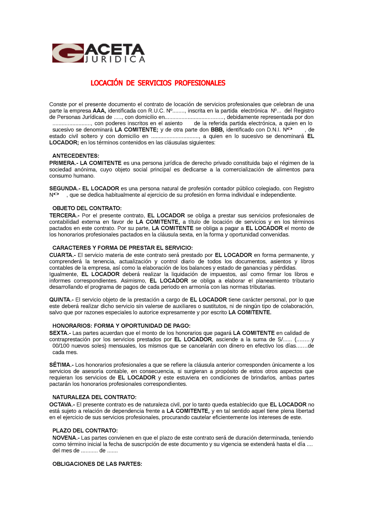 Modelo Contrato De Locación Cdl LocaciÓn De Servicios Profesionales Conste Por El Presente 4933