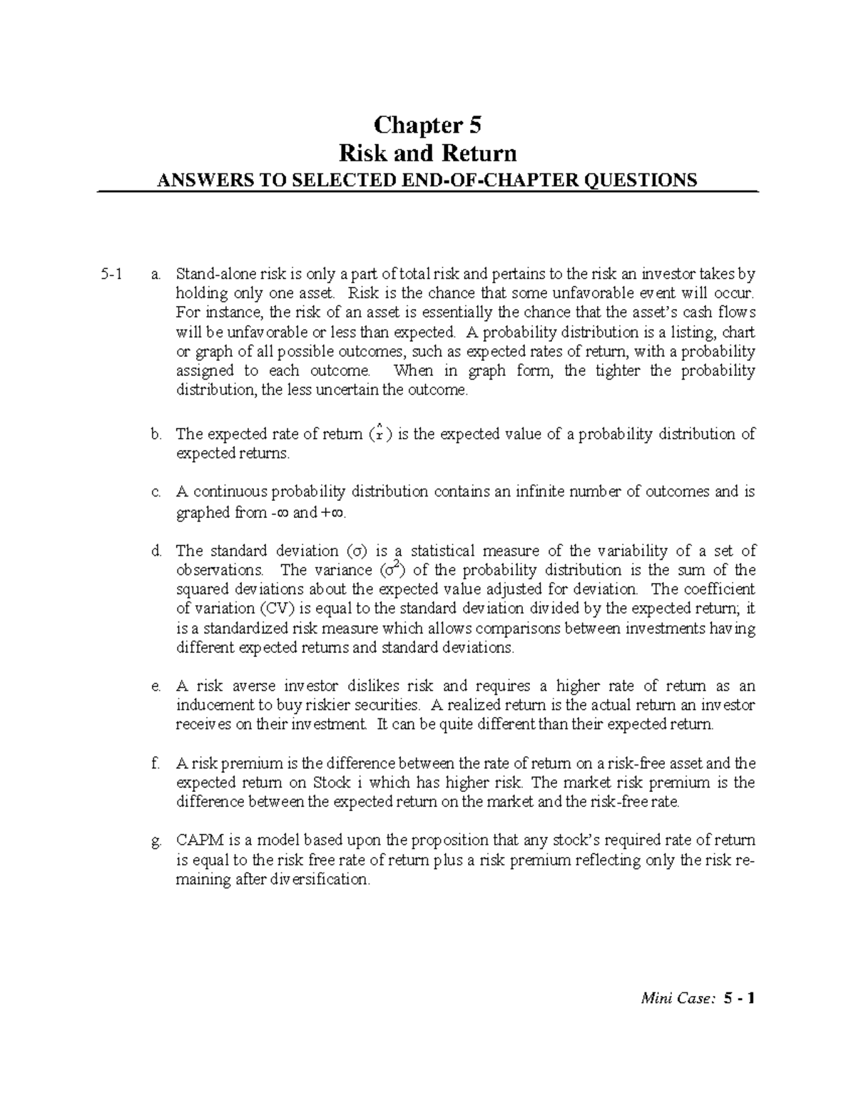 Risk And Return - Chapter 5 Risk And Return ANSWERS TO SELECTED END-OF ...