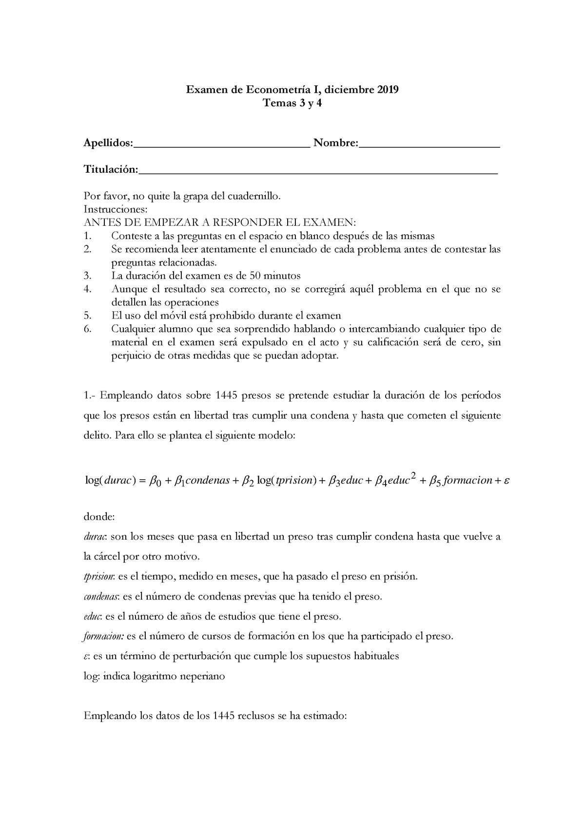 Econometria Itemas Examen Diciembre Examen De Econometr A I Diciembre Temas Y