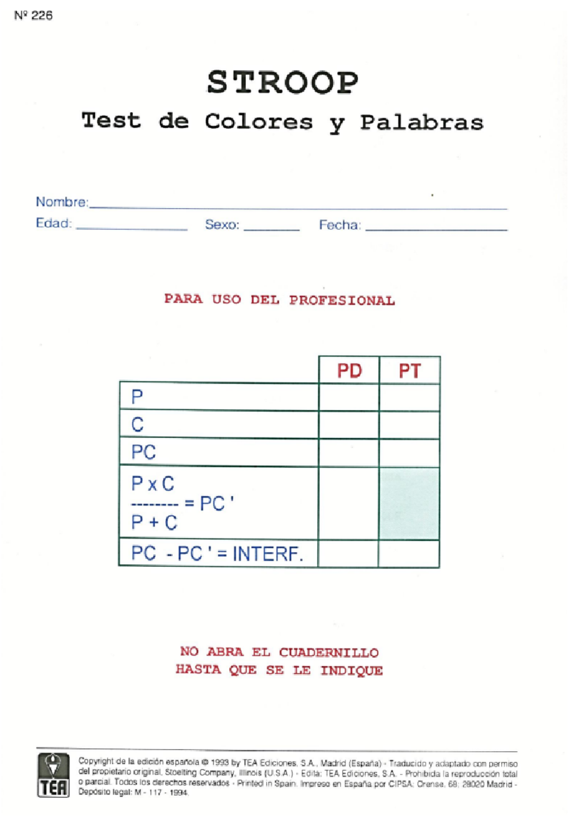 Protocolo Stroop A Colores 226 Stroop Test De Colores Y Palabras Nombre Edad Sexo Fecha 1702