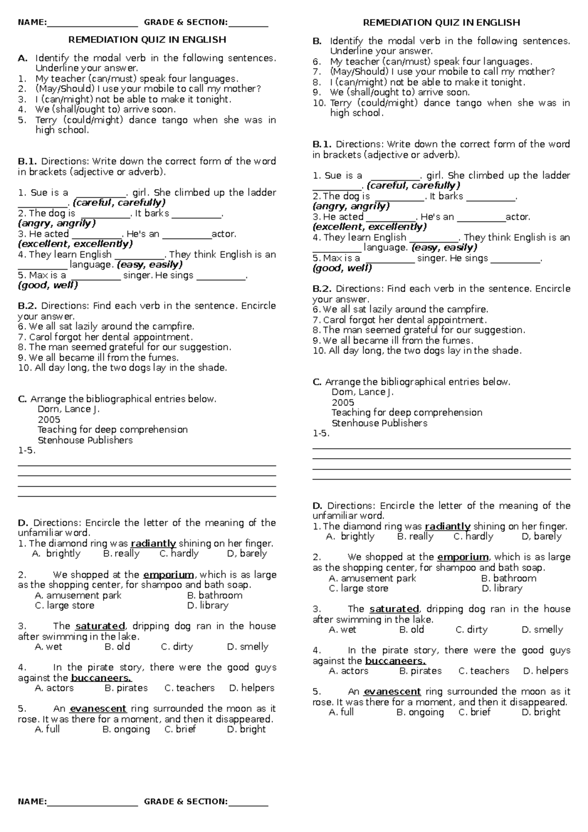 Remediation QUIZ - NAME:_______________________ GRADE & SECTION ...