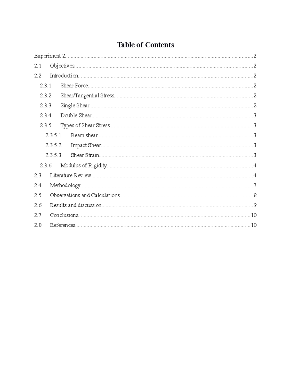 Experiment 2lllll - Table of Contents Experiment - Studocu