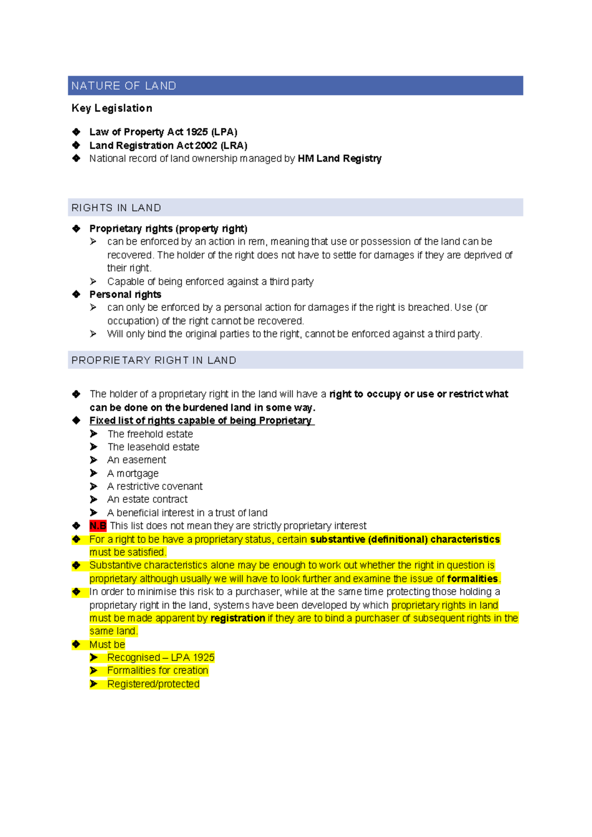 Land notes Summary NATURE OF LAND Key Legislation Law of Property Act