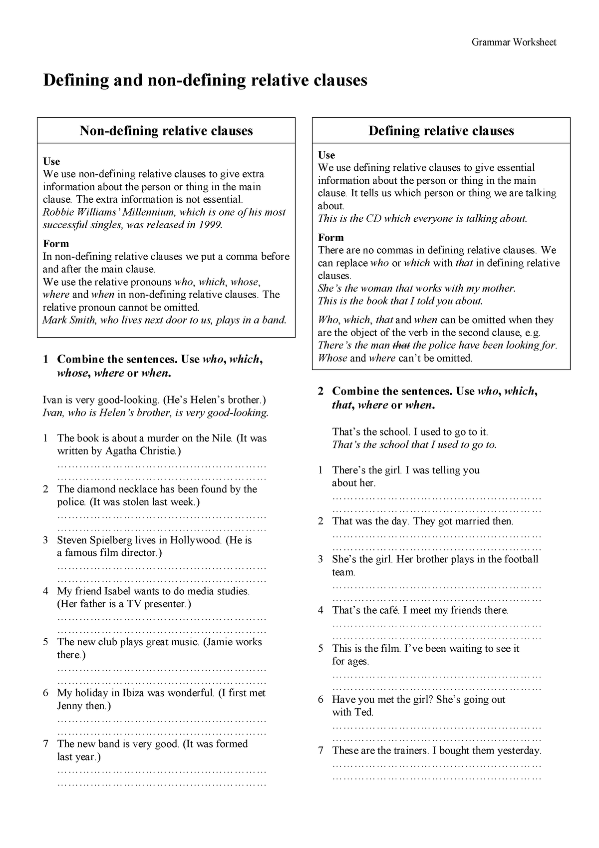 Defining-relative-clauses - Grammar Worksheet Defining And Non-defining ...