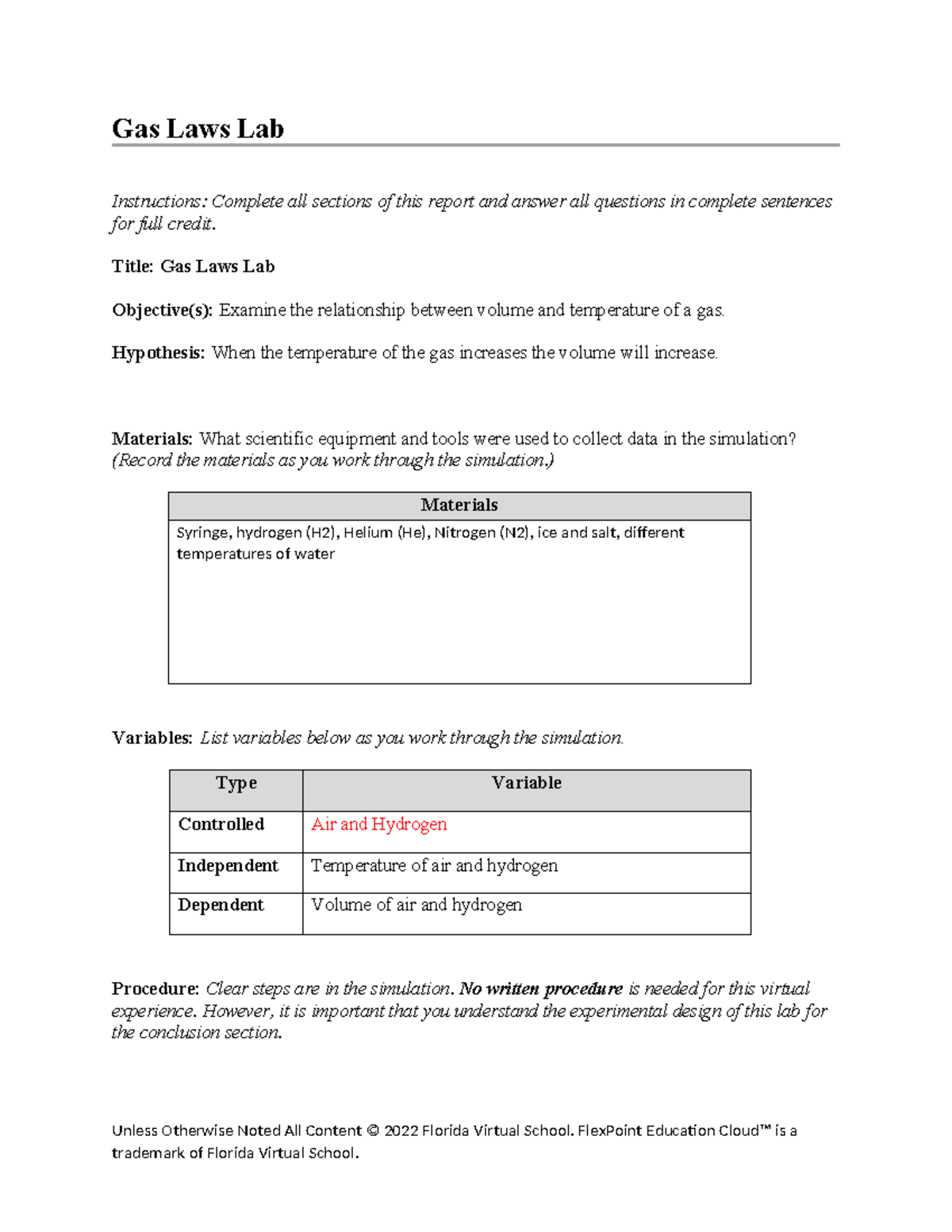 Gas laws lab Gas laws lab report Gas Laws Lab Instructions