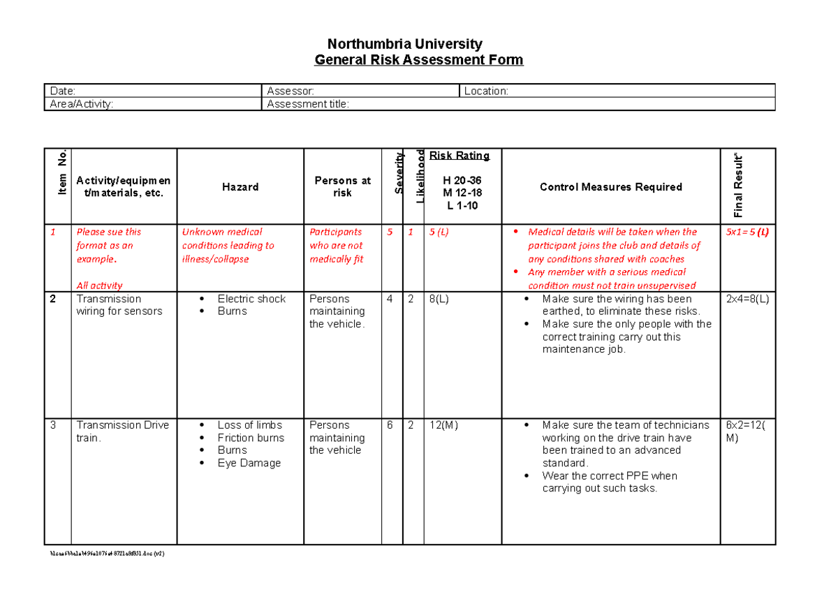 Risk Assessment transmission - Northumbria University General Risk ...