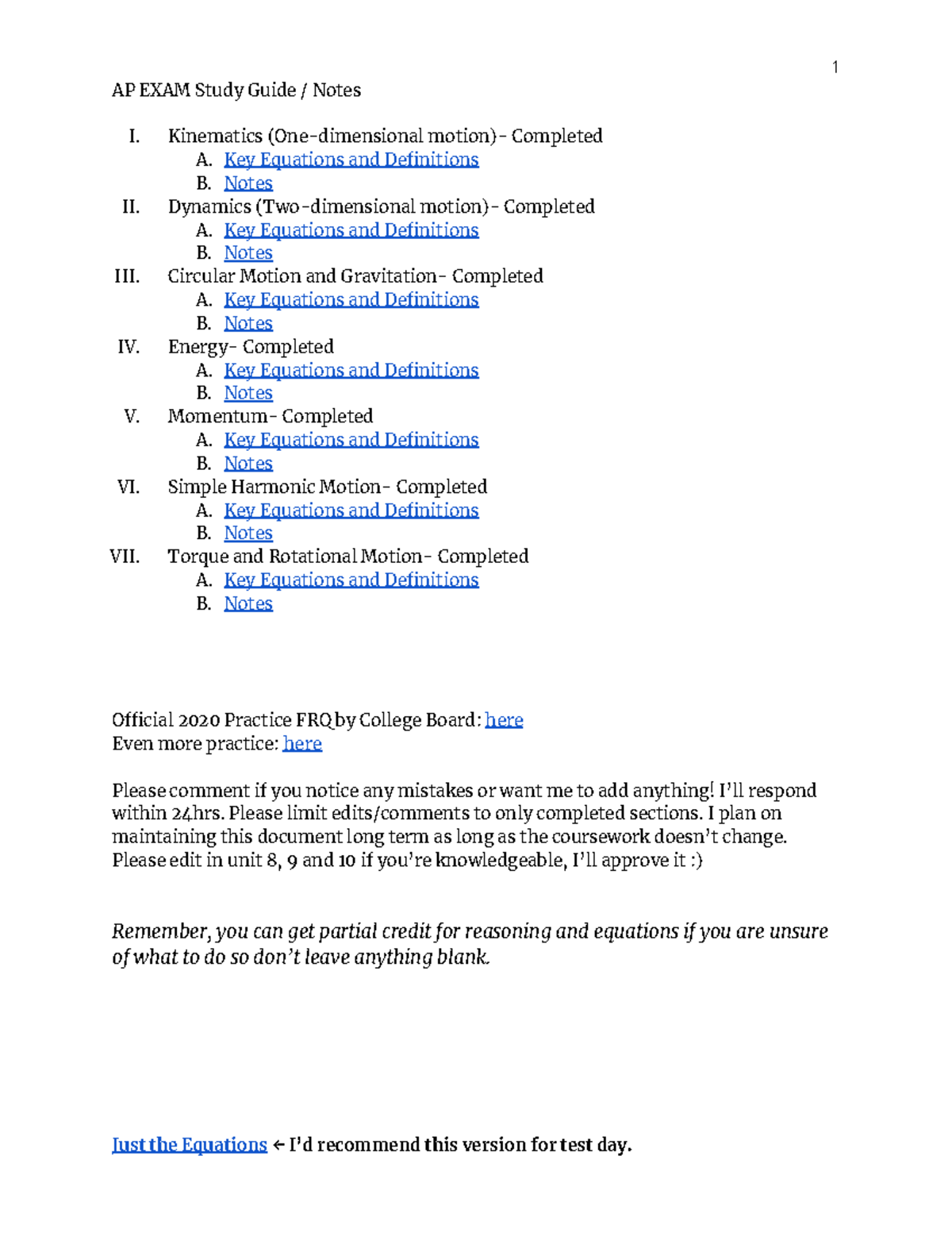 Copy of AP Physics I EXAM Study Guide Notes - 1 AP EXAM Study Guide ...