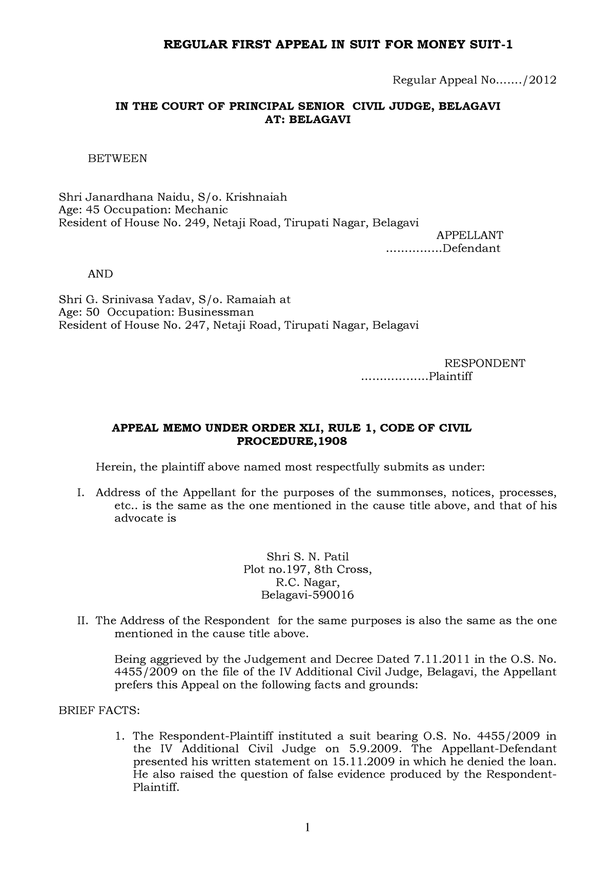 First Regular appeal Memorandum for appeal - REGULAR FIRST APPEAL IN ...