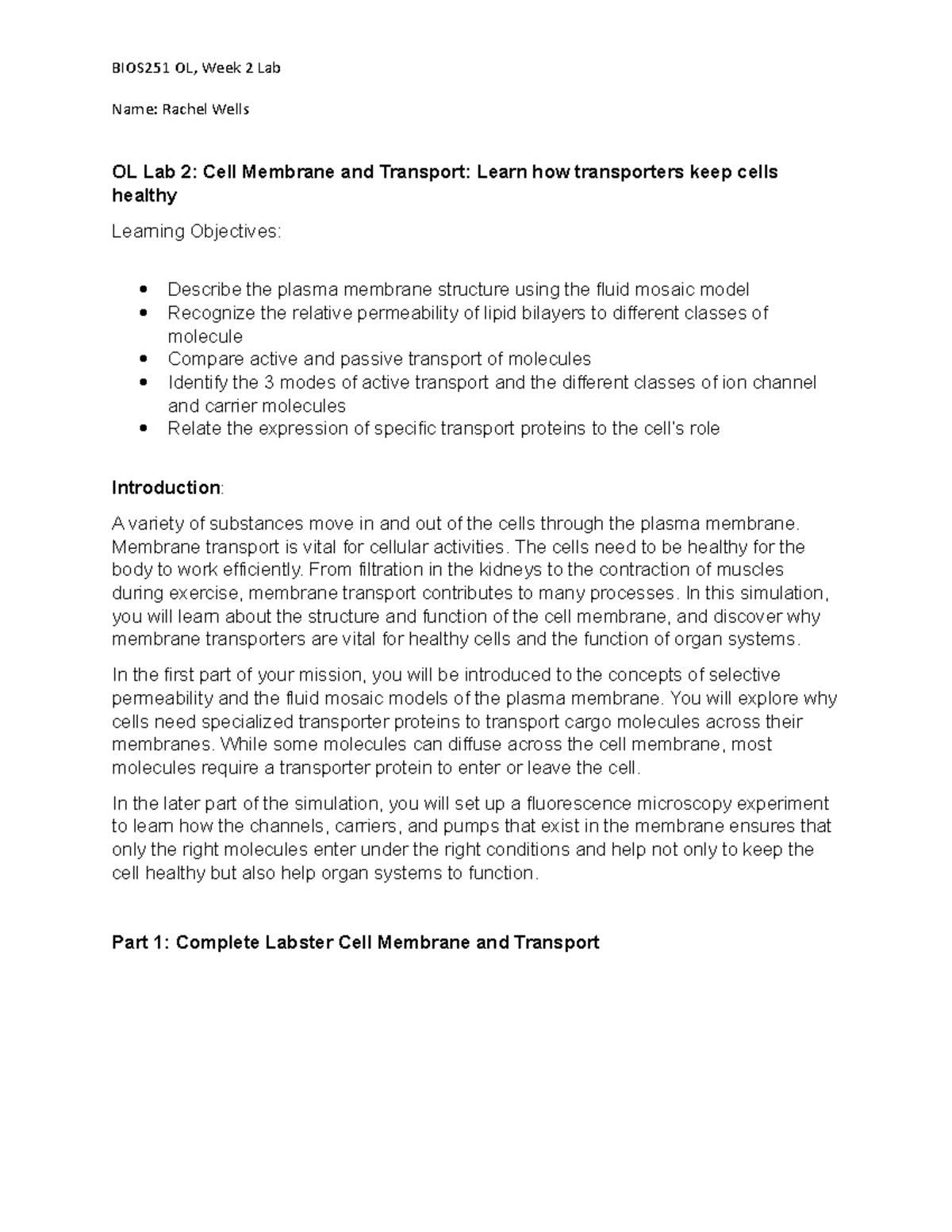 Week 2 Membrane Transport Lab Name Rachel Wells Ol Lab Cell Membrane And Studocu