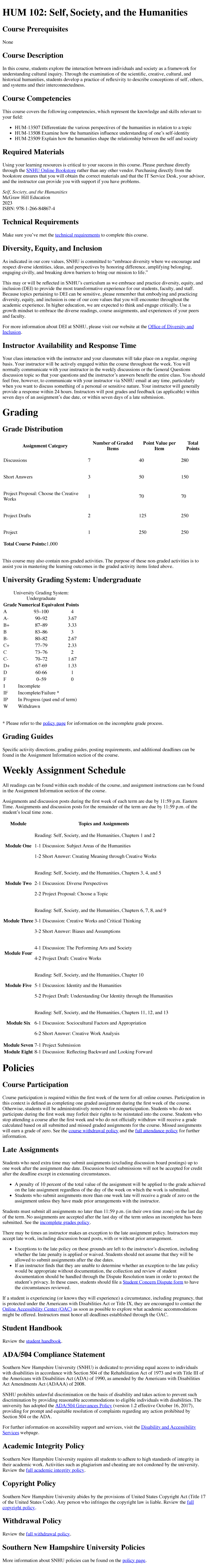 Syllabus HUM 102 - HUM 102: Self, Society, And The Humanities Course ...