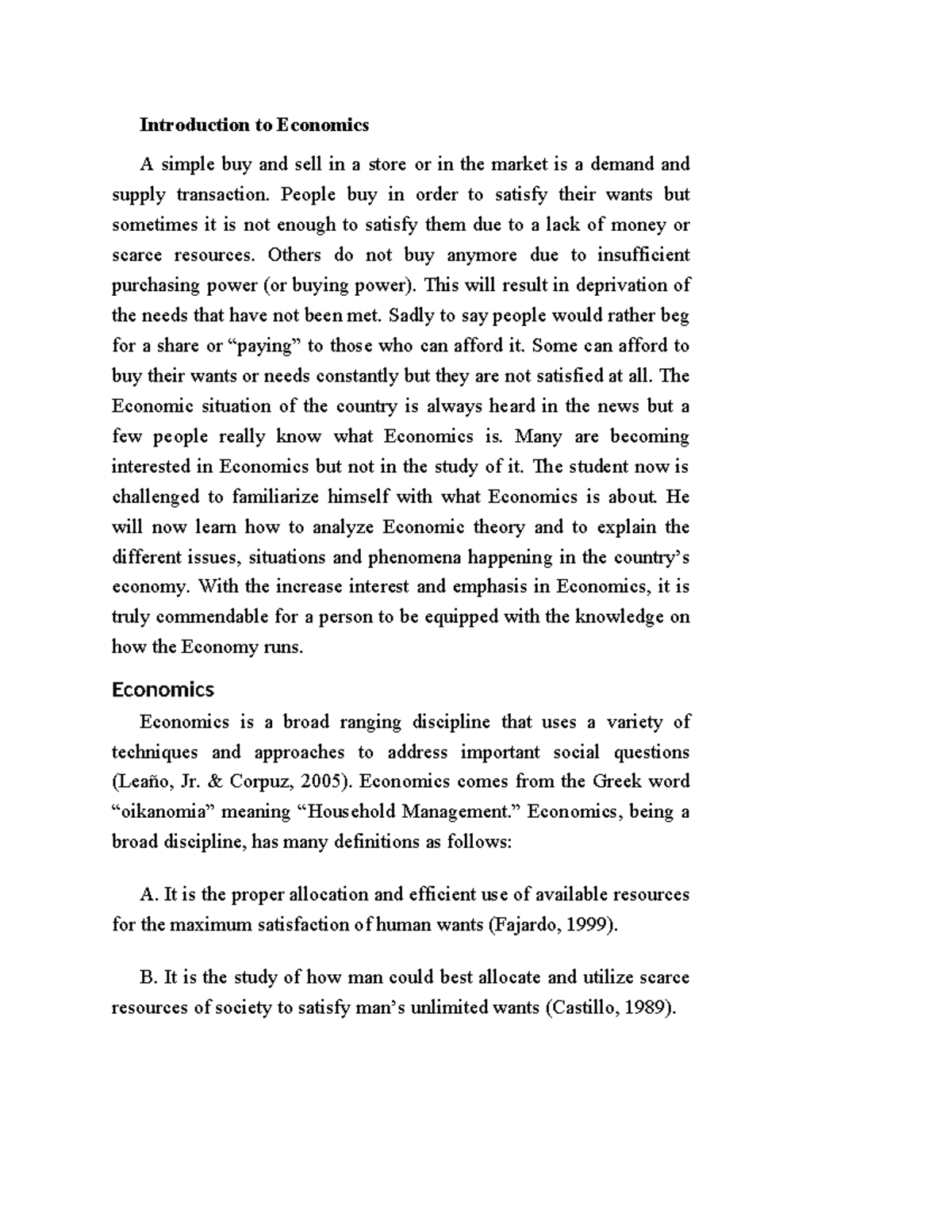 Introduction to Economicsnotesweek 1 2 - Introduction to Economics A ...