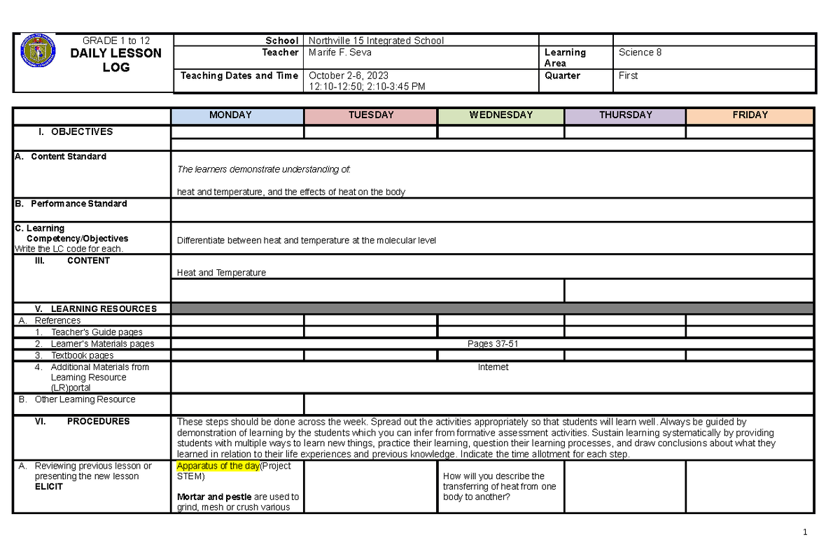 DLL Science 8 Q1 W6 M - DLL - GRADE 1 to 12 DAILY LESSON LOG School ...