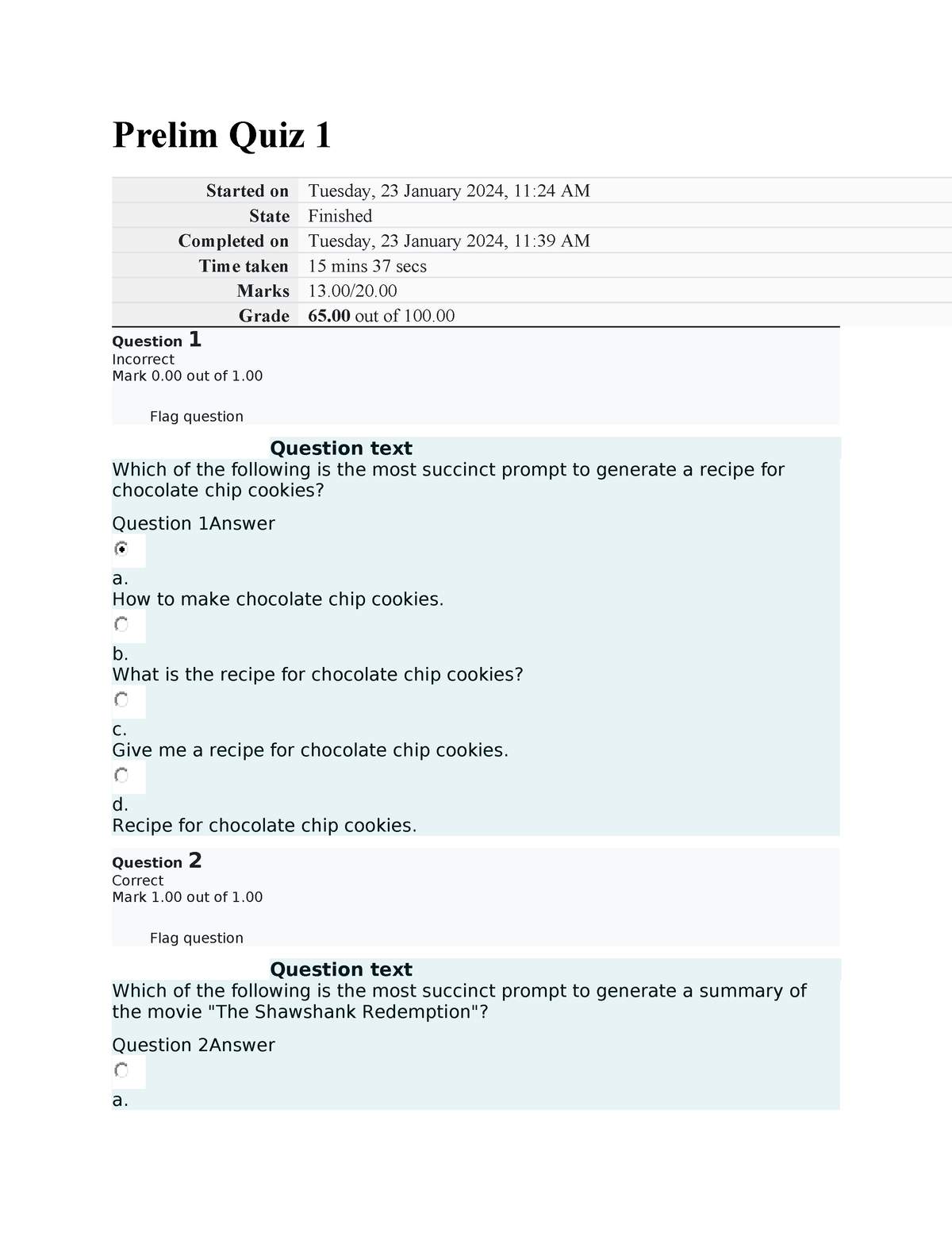 Prelim Quiz 1 AI - Prelim Quiz 1 Started On Tuesday, 23 January 2024 ...