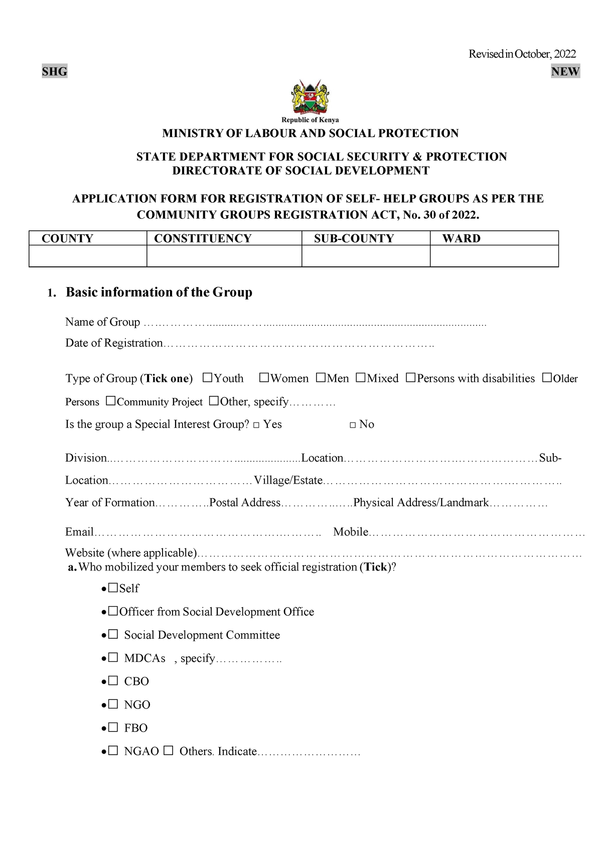 SHG Registration Form 2022 Revised in October, 2022 SHG NEW MINISTRY