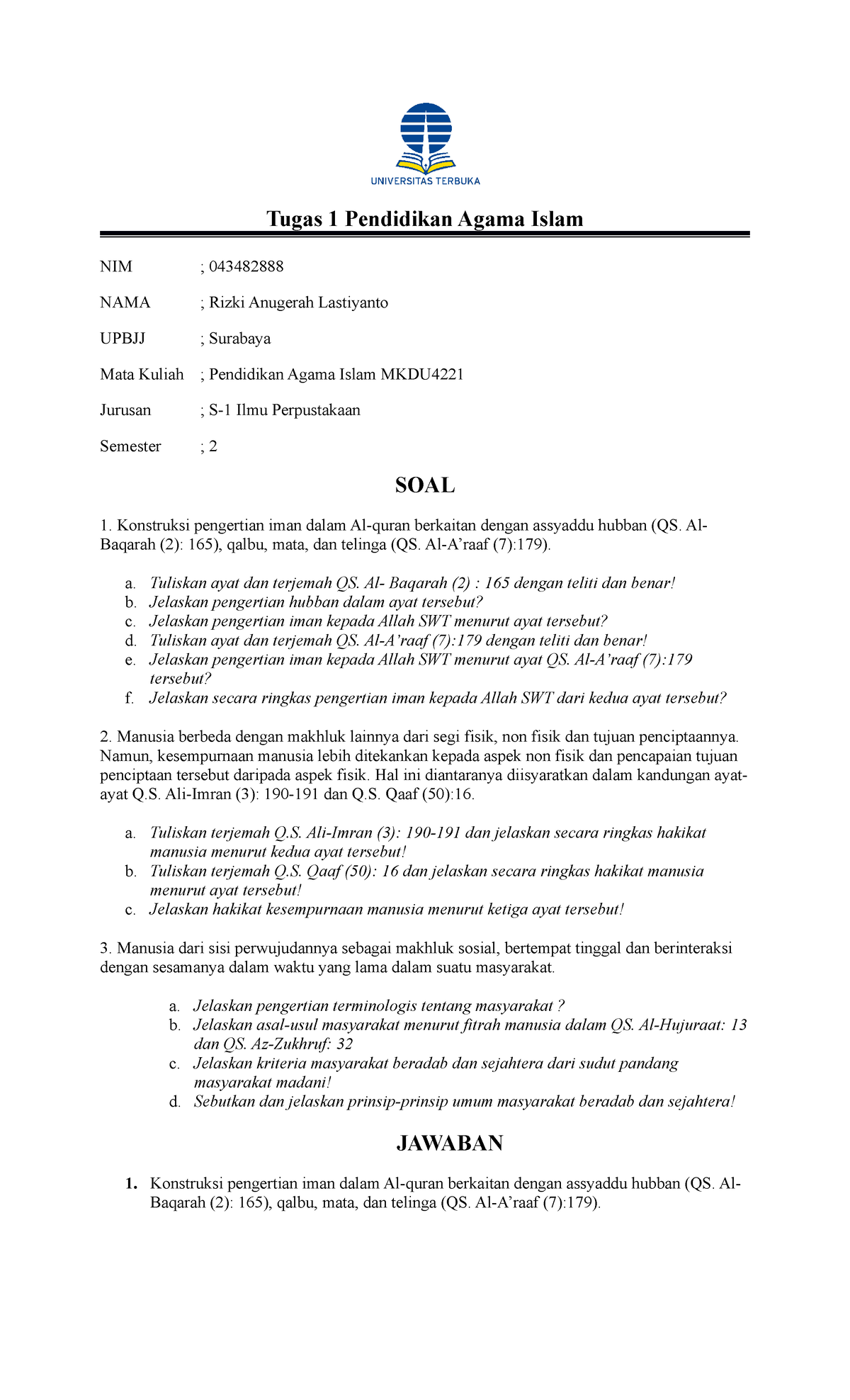 Tugas 1 Pendidikan Agama Islam Rizki Anugerah Lastiyanto 043482888 ...