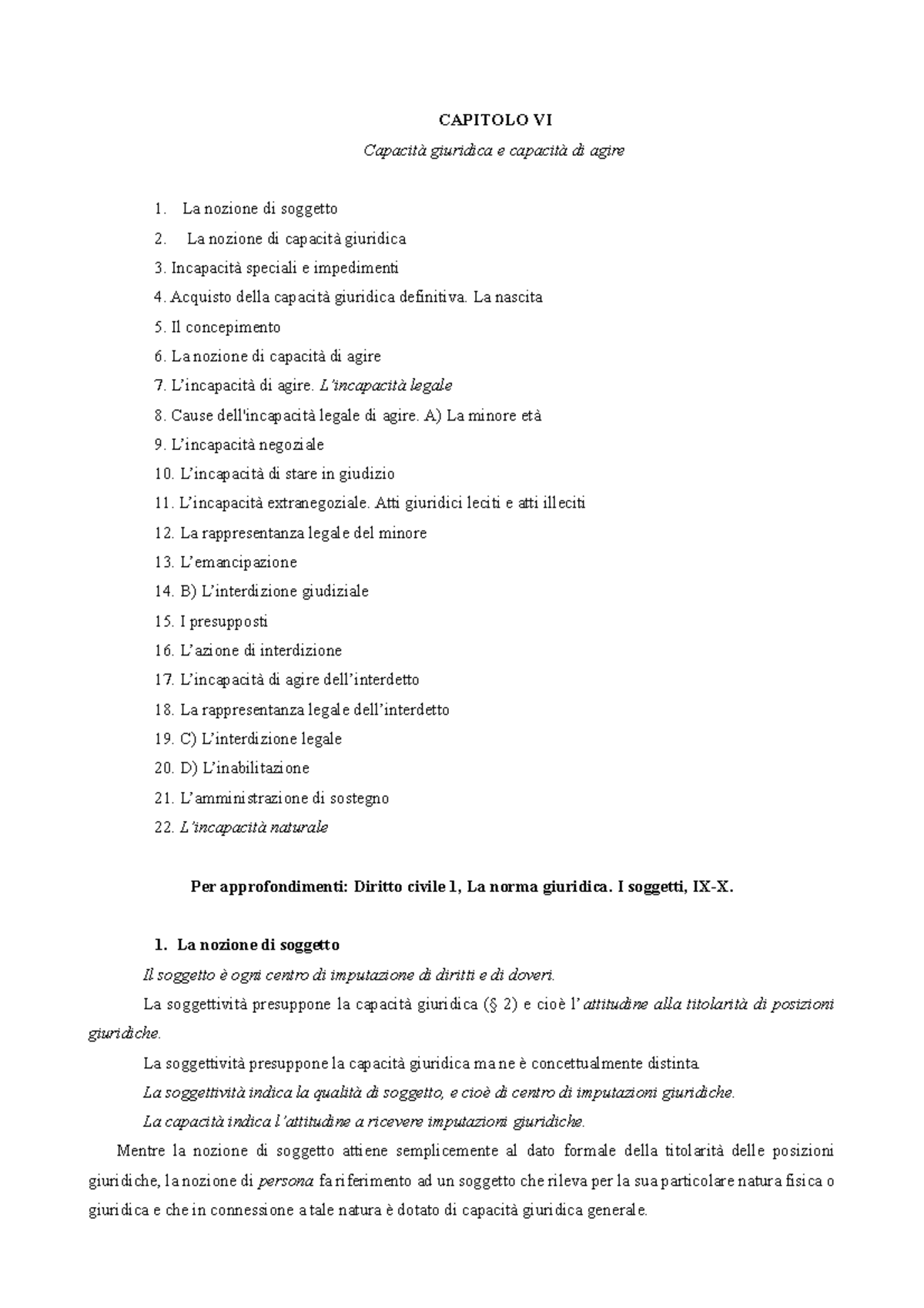 Cap. 6 - Capacità Giuridica E Di Agire - CAPITOLO VI Capacità Giuridica ...