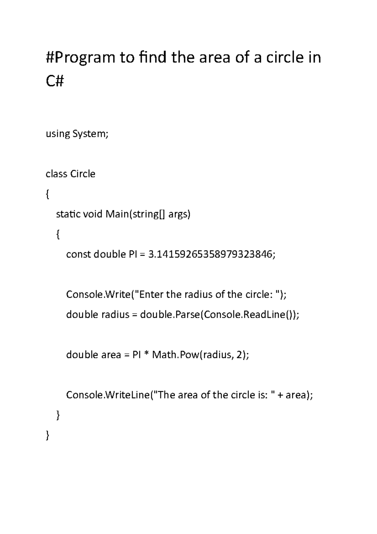 Circle Area- C# - #Program to find the area of a circle in C# using ...