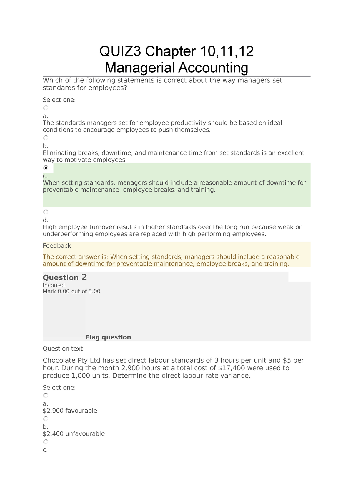 Managerial Accounting Quiz 3 - QUIZ3 Chapter 10,11, Managerial ...