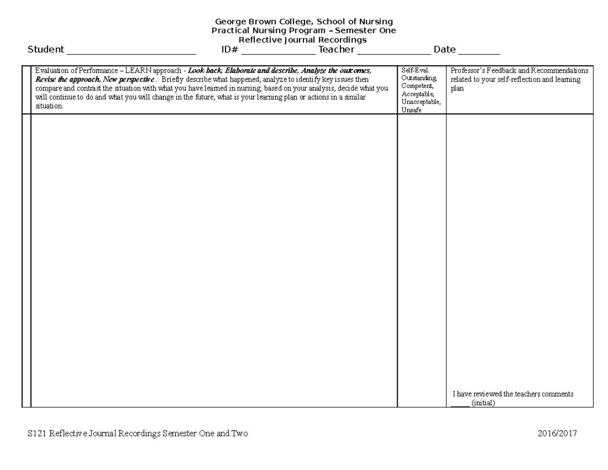 Template Reflective Practice Revised - George Brown College, School of ...