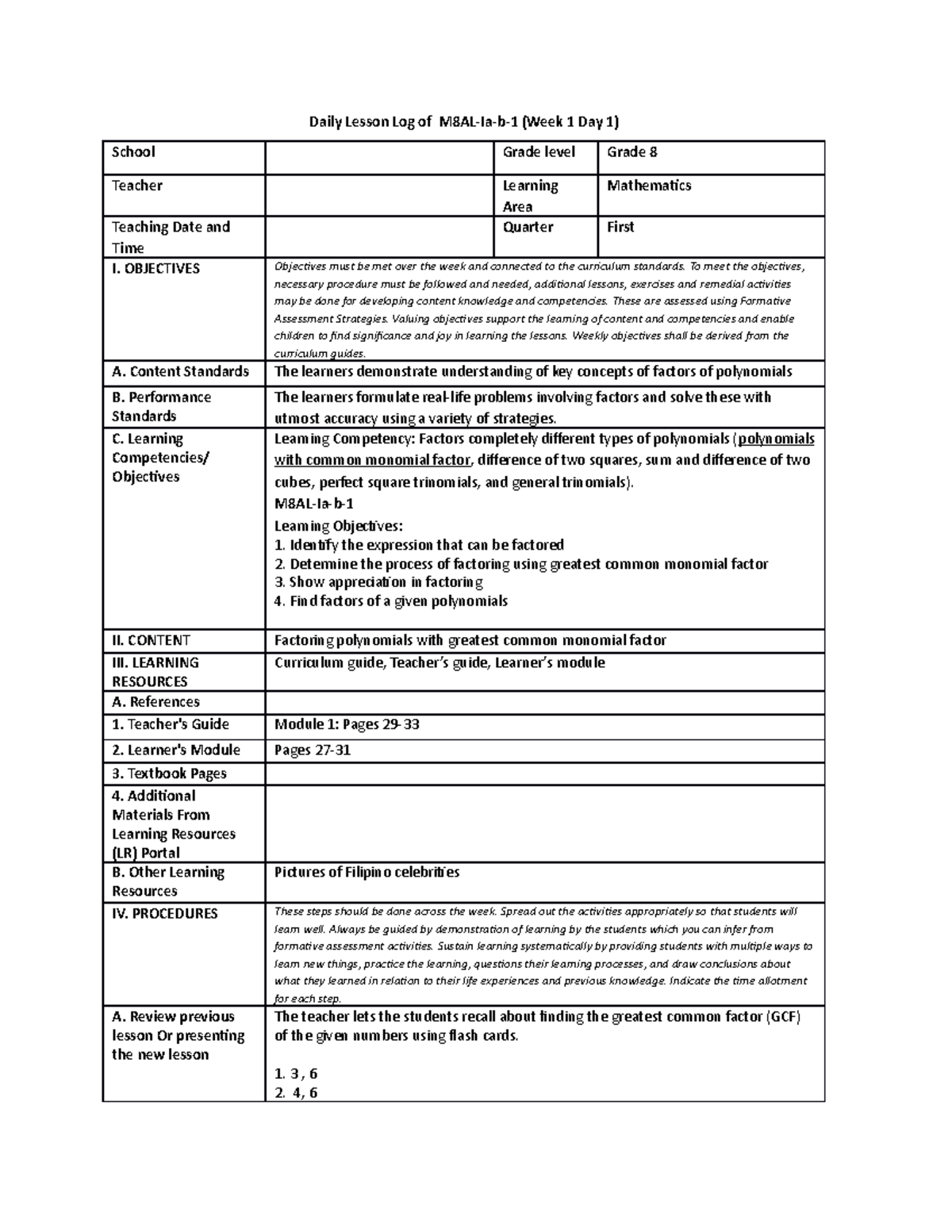 I-Day 1 grade 9- detailed lesson plan - Daily Lesson Log of M8AL-Ia-b-1 ...