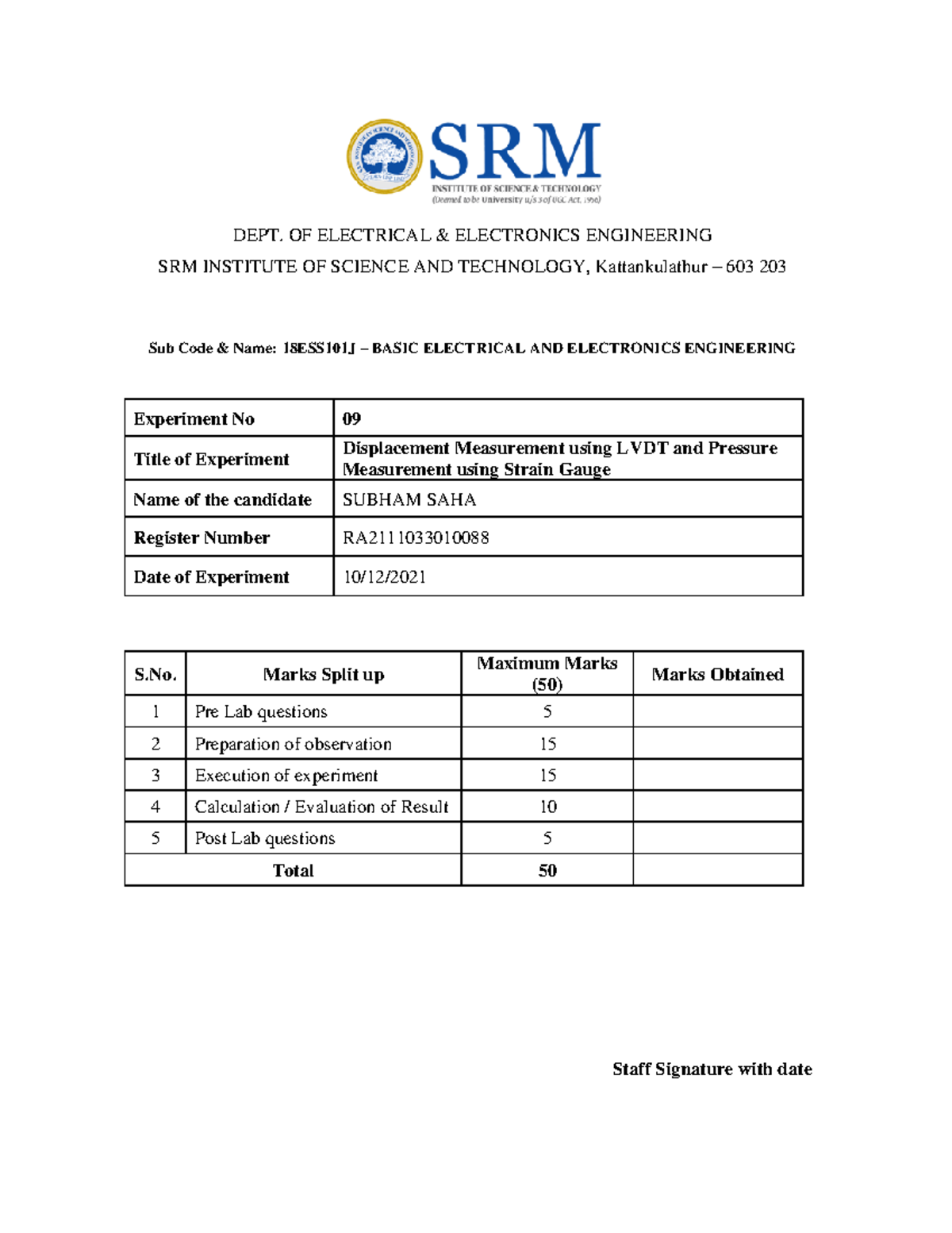 Displacement Measurement using LVDT and Pressure Measurement using