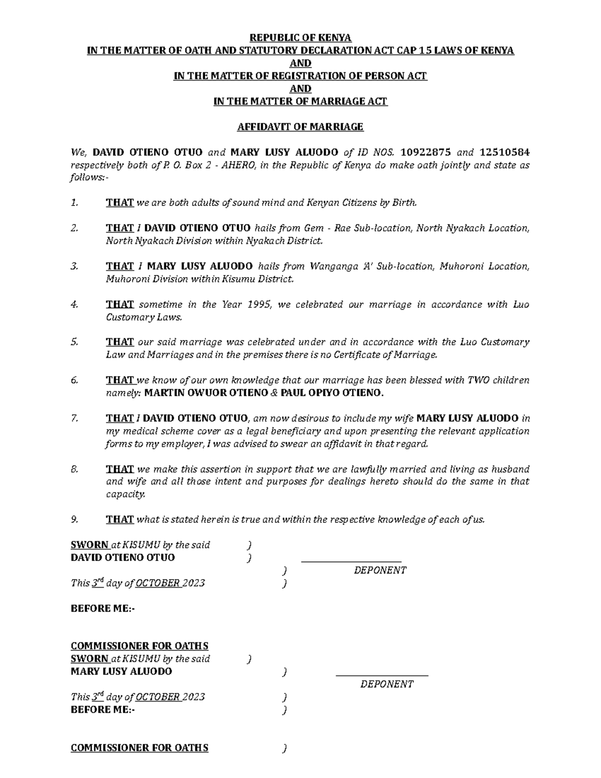 Marriage Affidavit - REPUBLIC OF KENYA IN THE MATTER OF OATH AND ...