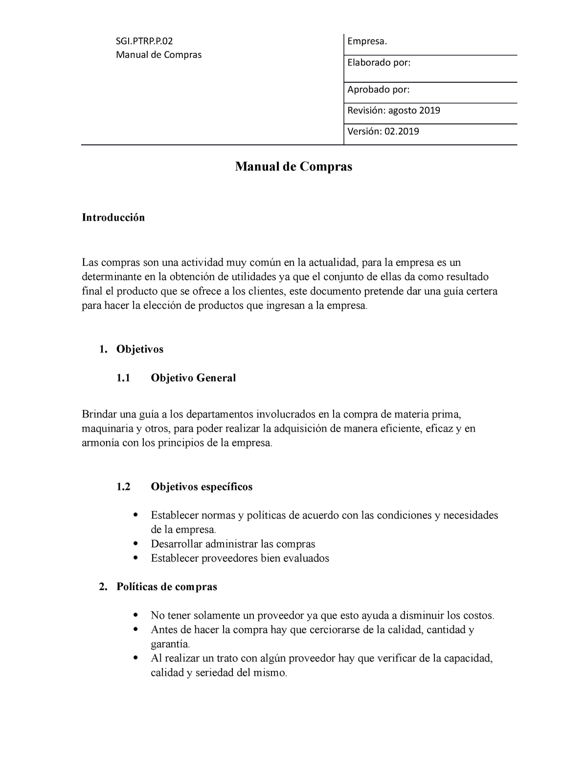 Manual De Compras Formato Manual De Compras Elaborado Por Aprobado Por Revisión Agosto 2019 1129