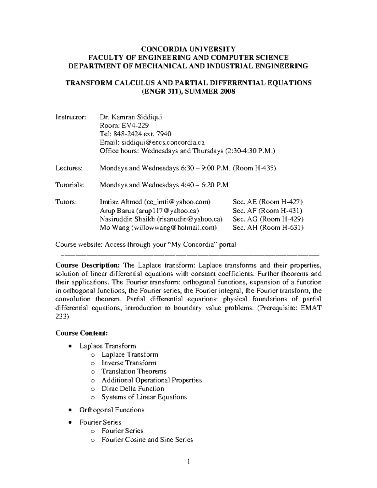 ENGR 311 Outline S08 - CONCORDIA UNIVERSITY FACULTY OF ENGINEERING AND ...