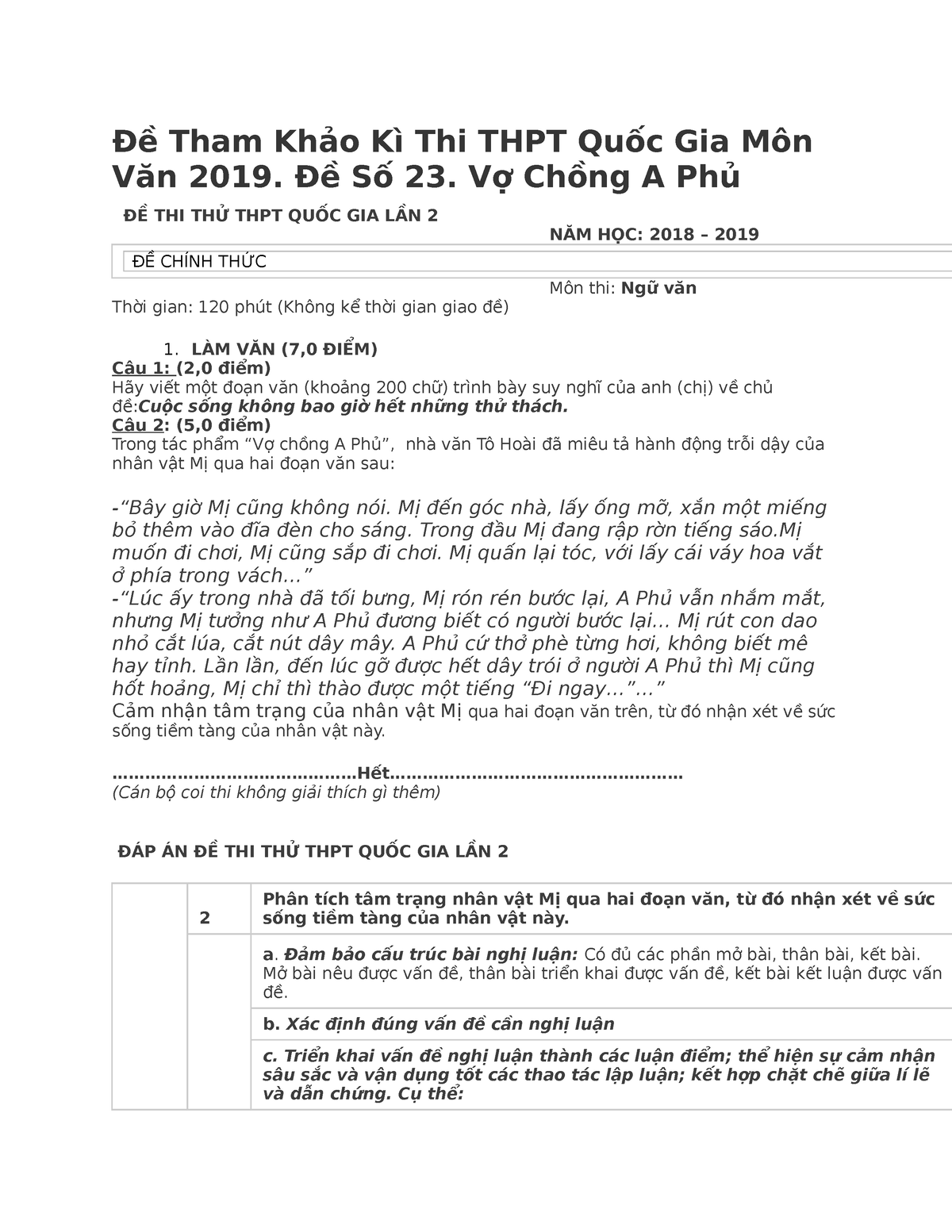 Đề Tham Khảo Kì Thi THPT Quốc Gia Môn Văn 2019 - Đề Số 23. Vợ Chồng A ...