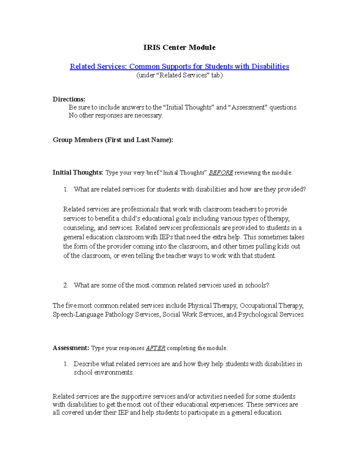 IRIS Center Module Related Services IRIS Center Module Related