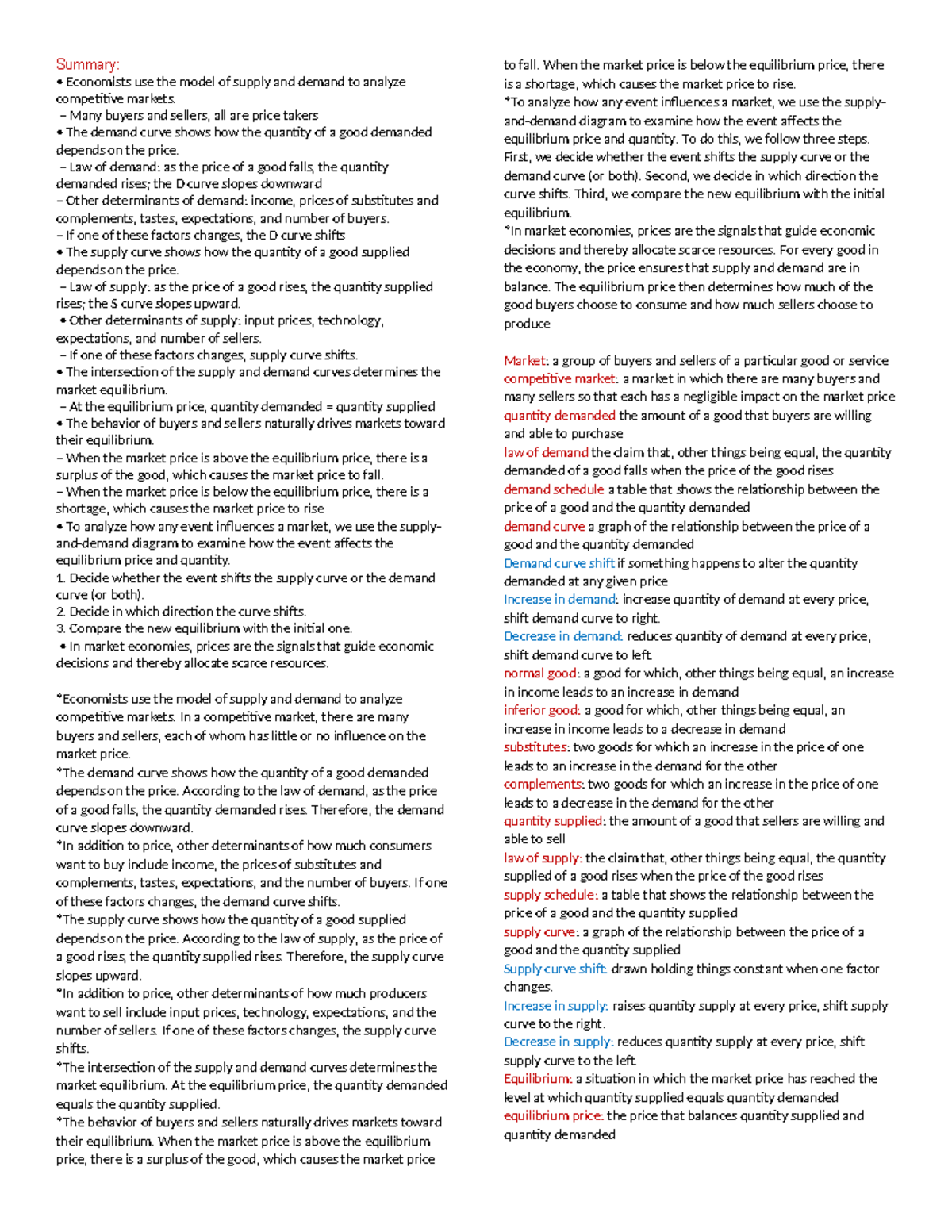 Chapter 4 - notes - Summary: Economists use the model of supply and ...