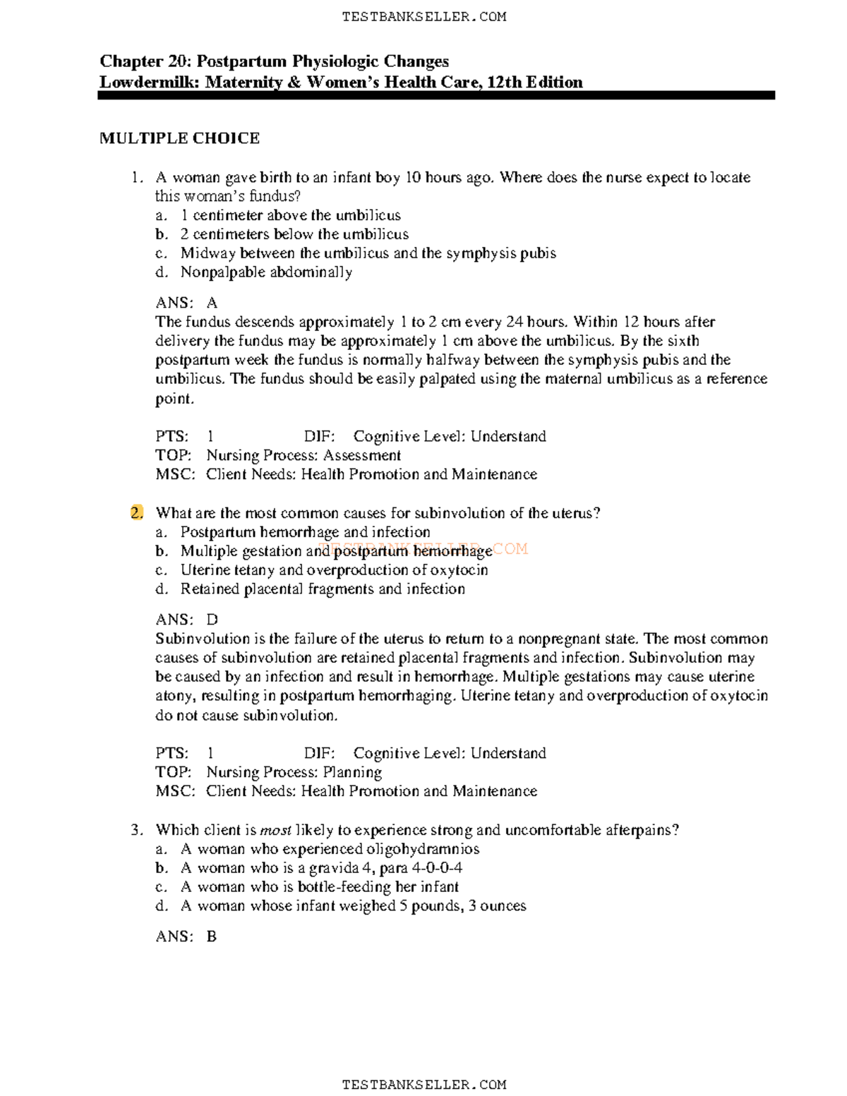 20 - Test Bank - TESTBANKSELLER Chapter 20: Postpartum Physiologic ...