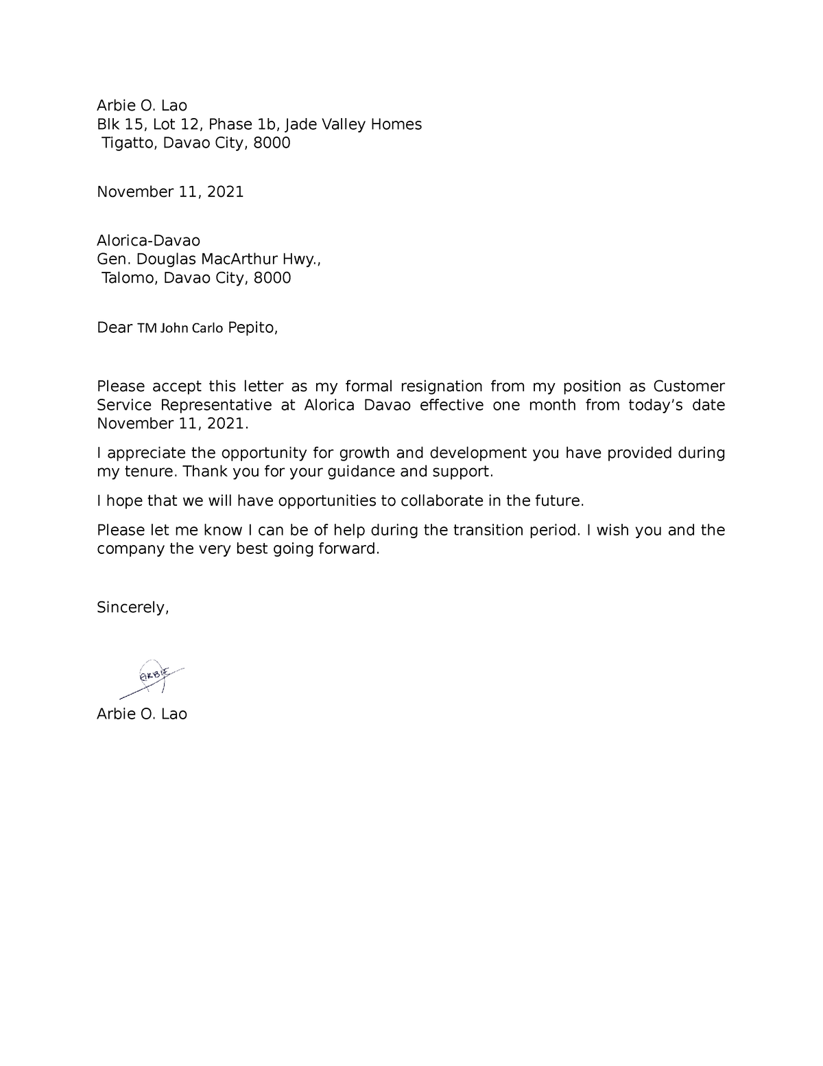 Resignation Letter Arbie Lao 1 - College English - University of the ...