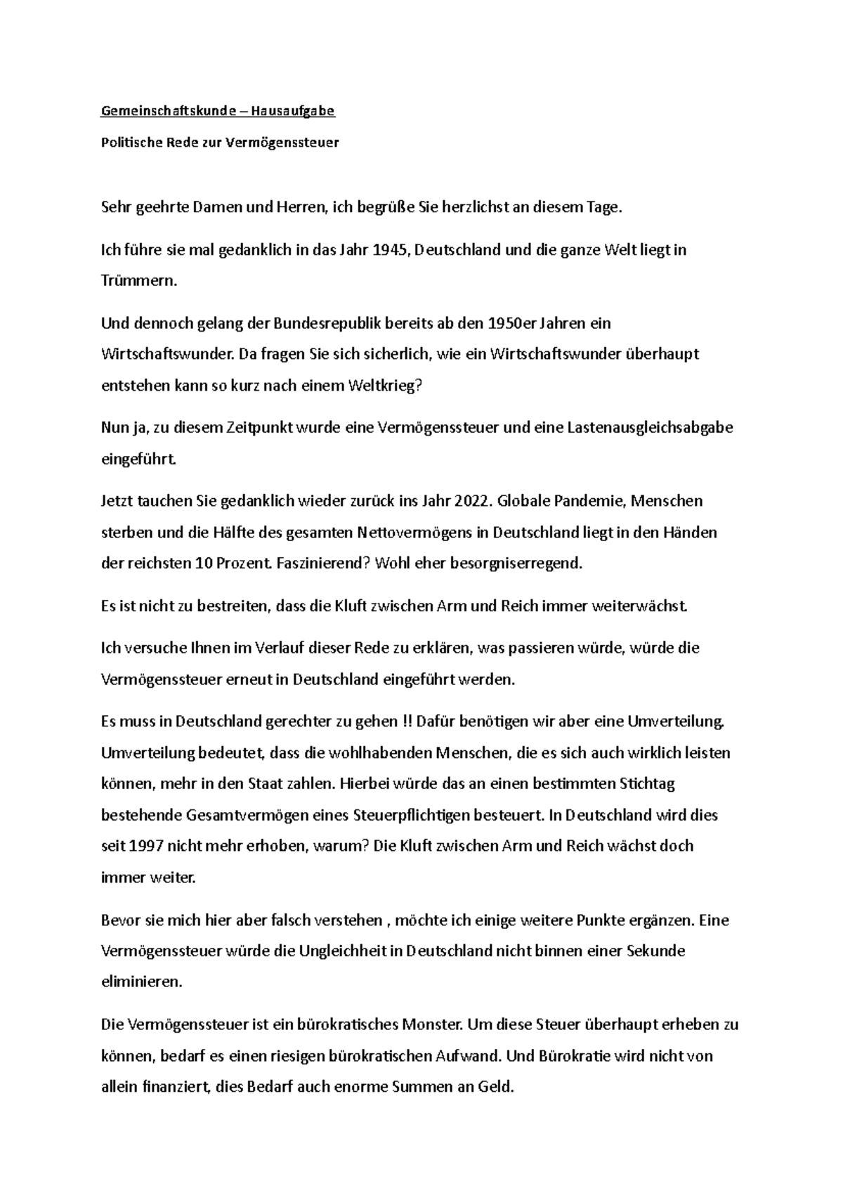 Politische Rede Beispiel Deutschunterricht Gemeinschaftskunde Politische Rede Vermögenssteuer - Gemeinschaftskunde