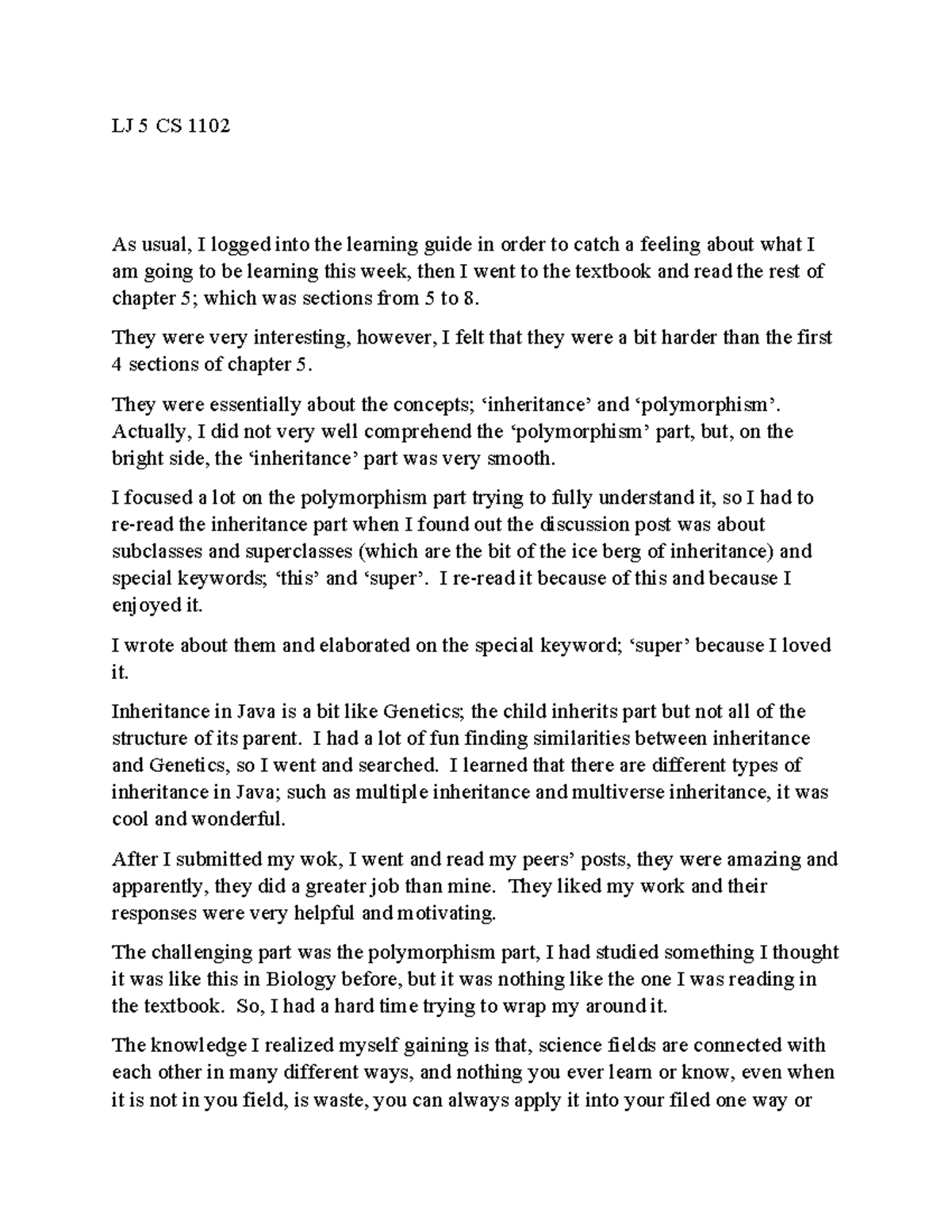 LJ 5 CS 1102 - Learning Journal unit 5 - LJ 5 CS 1102 As usual, I ...