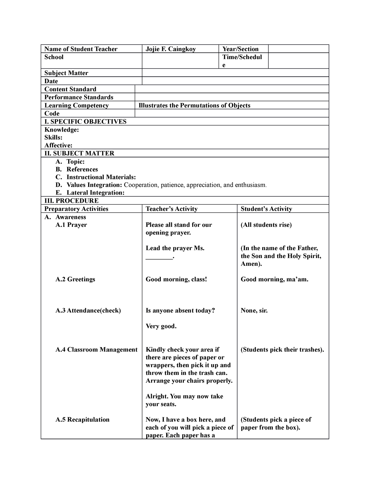 LP- Permutation - none - Name of Student Teacher Jojie F. Caingkoy Year ...