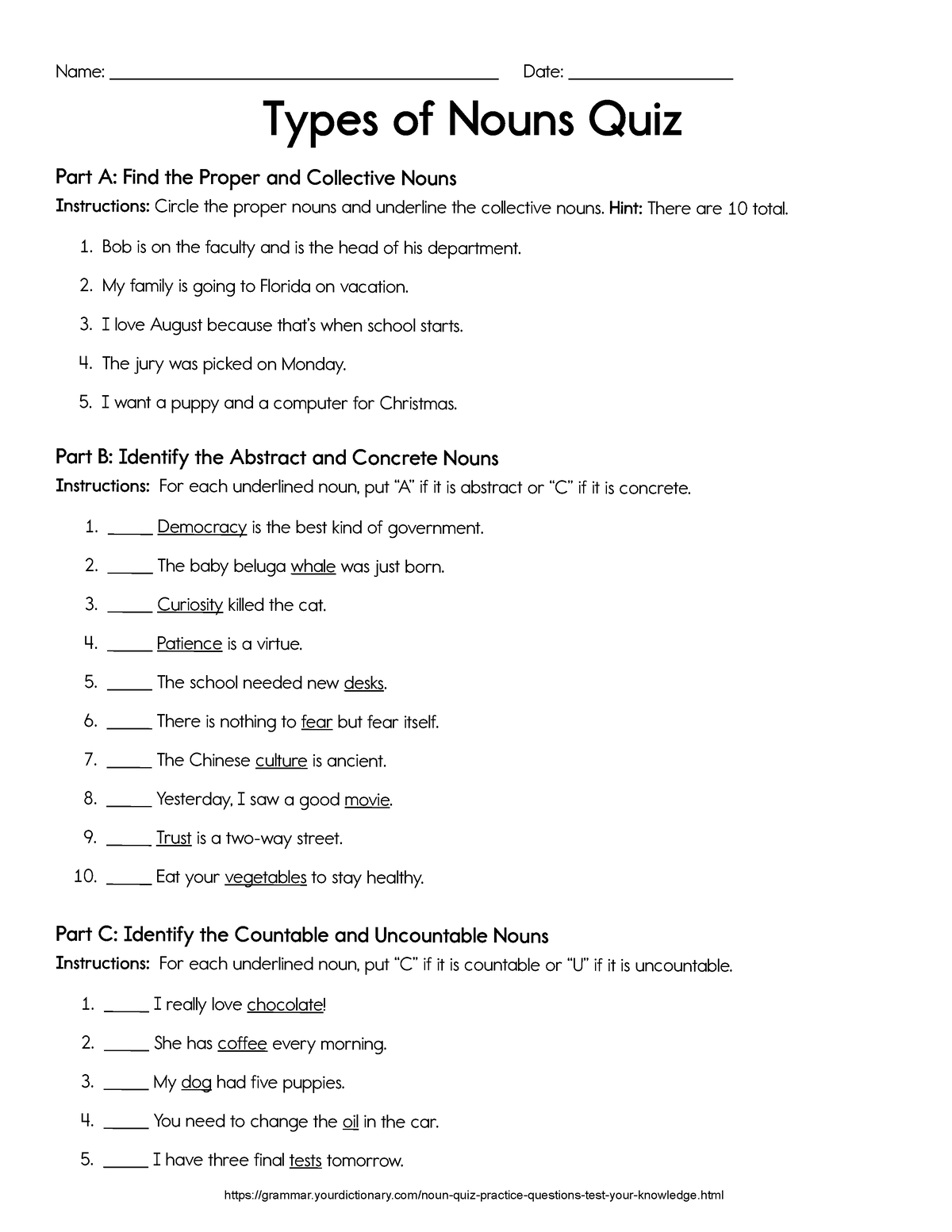 Types of Nouns Quiz - QUIZ - Part A: Find the Proper and Collective ...