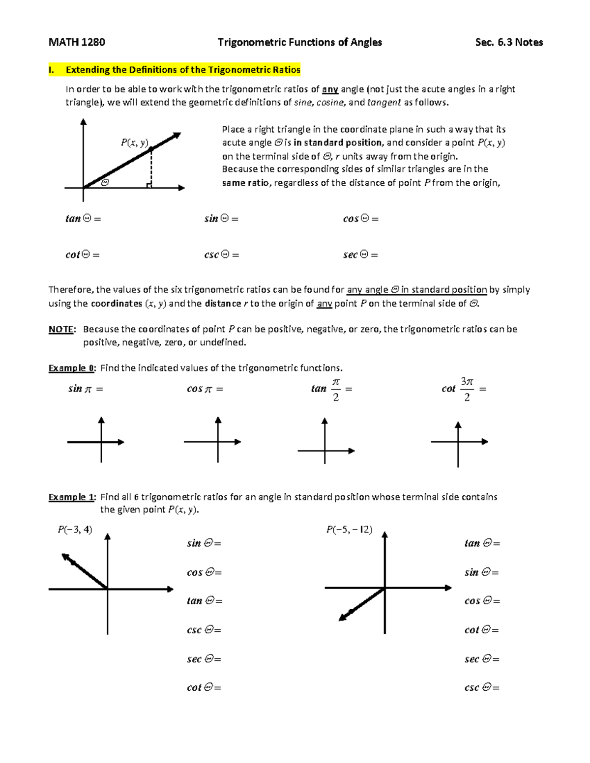 Notes sec 6 3 trig functions of angles i extending the