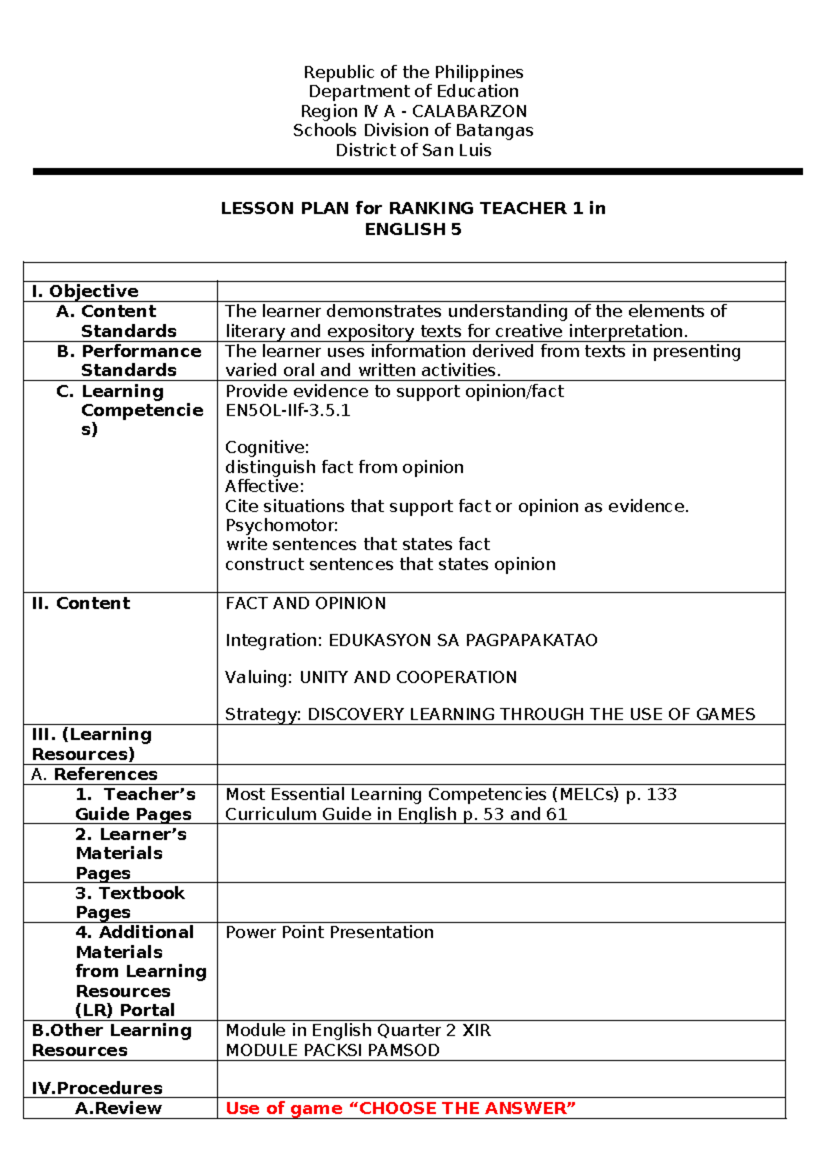 Lesson plan fo ranking - READ AND STUDY - Republic of the Philippines ...