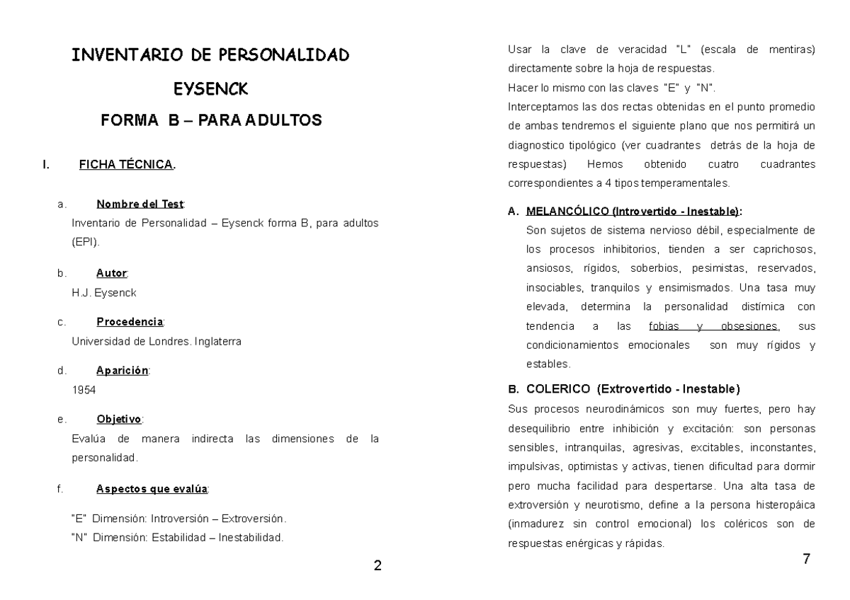 Test De Personalidad De Eysenck Ficha Tecnica www.studocu.com
