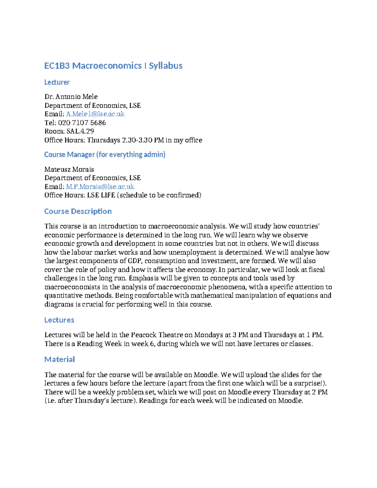 Syllabus EC1B3 2024 - N/A - EC1B3 Macroeconomics I Syllabus Lecturer Dr ...