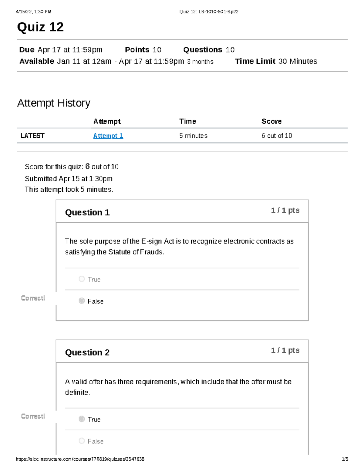 Quiz 12 LS-1010-501-Sp22 - LS 1010 - SLCC - Studocu