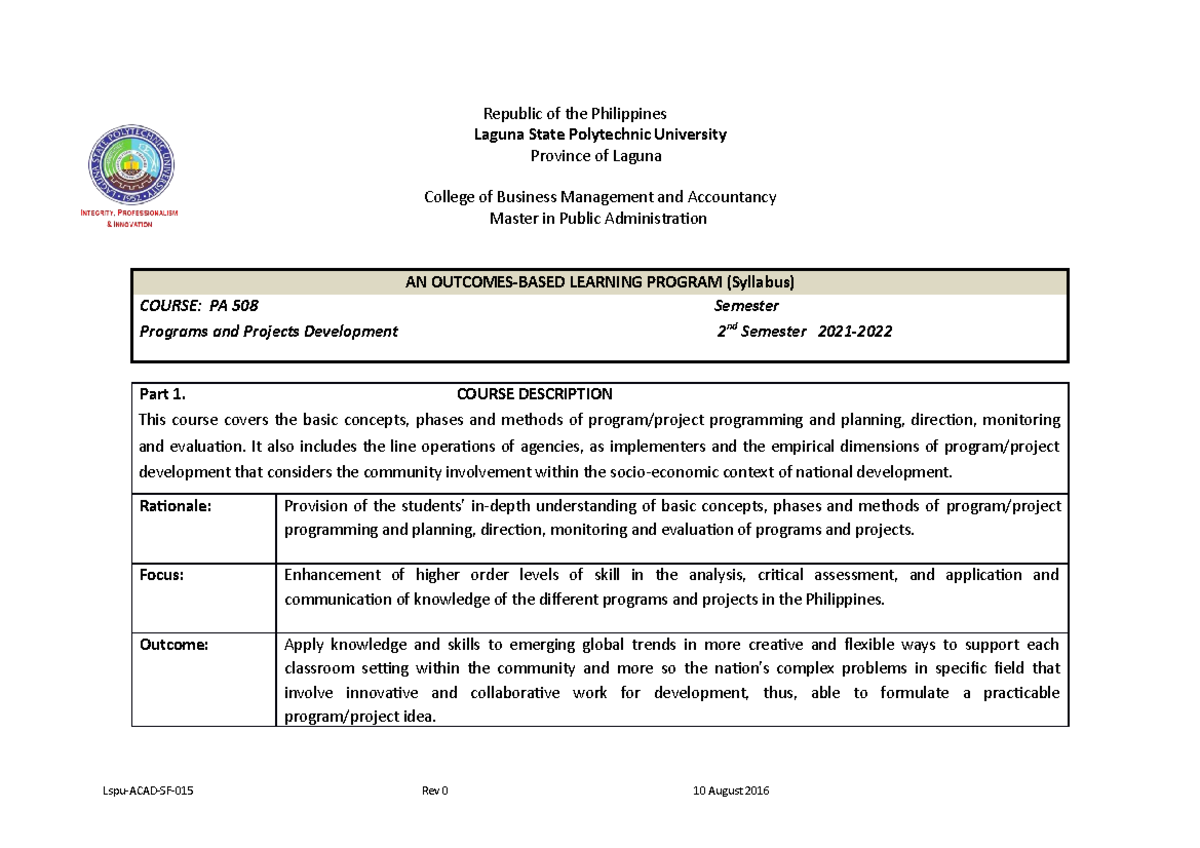 PA 508 PPDSyllabus - public administration - Republic of the ...