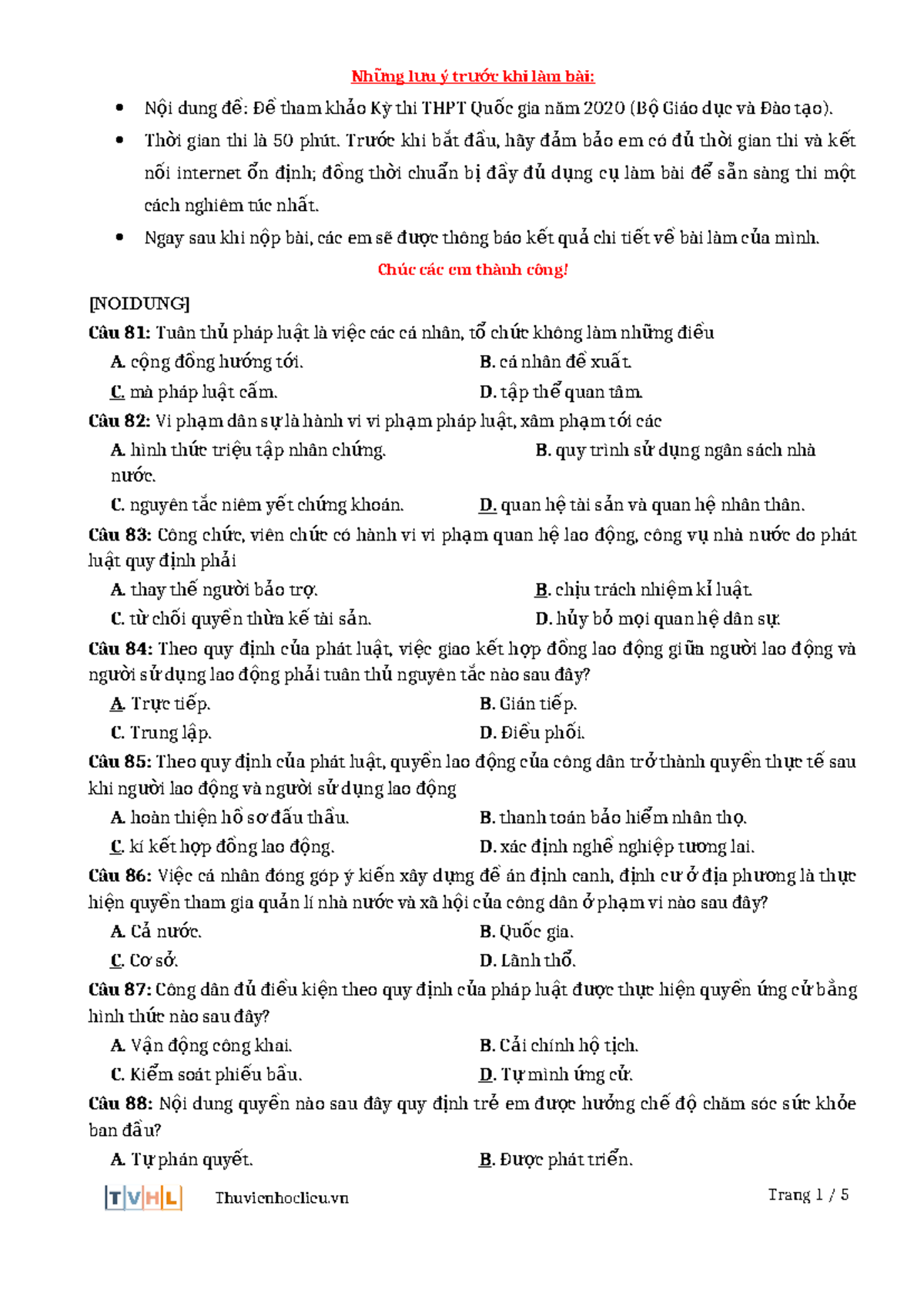Gdcd Tham Khao Thptqg 2020 - Nh ững L ưu ý Tr ước Khi Làm Bài: N ội ...